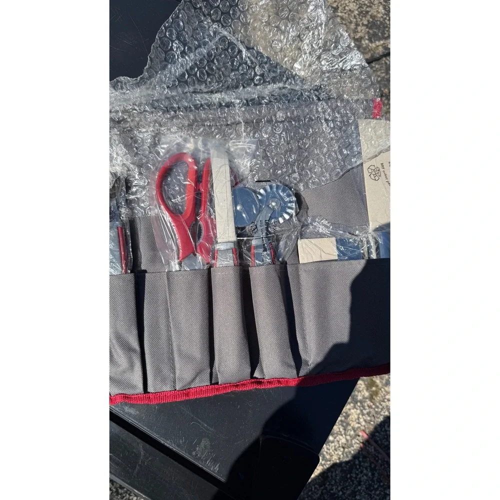 Wolfgang Puck Kitchen Tool Set with Grey Red Travel Roll Up Case 9 Piece Gadgets